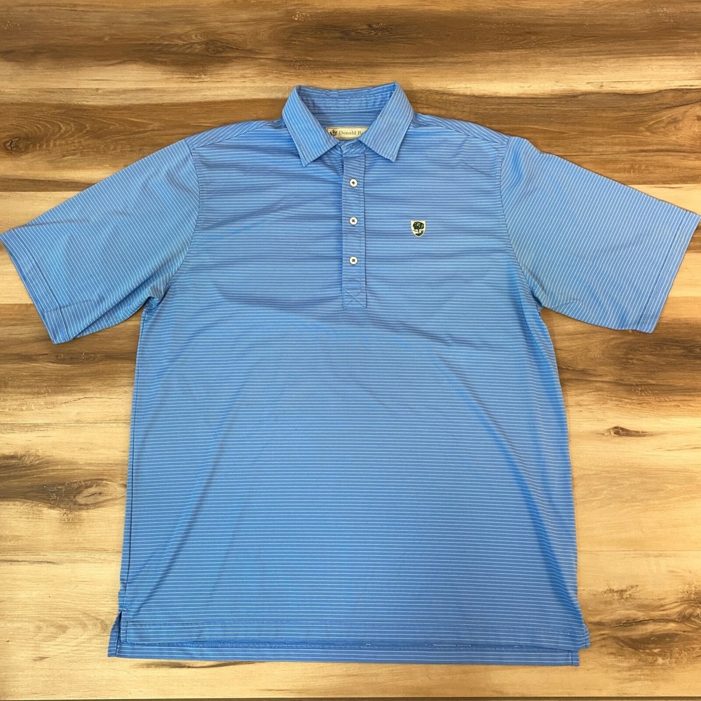 Donald Ross Golf Polo Shirt Large Blue Striped Performance Short Sleeve Crest